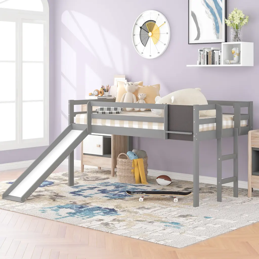 Twin Size Loft Bed Slide Stair And Chalkboard Gray Wood lucky furniture