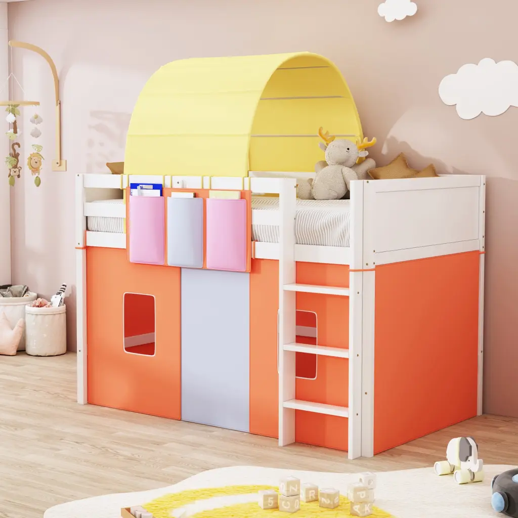 Twin Size Loft Bed Tent And Tower And Three Pockets Orange Blue lucky furniture