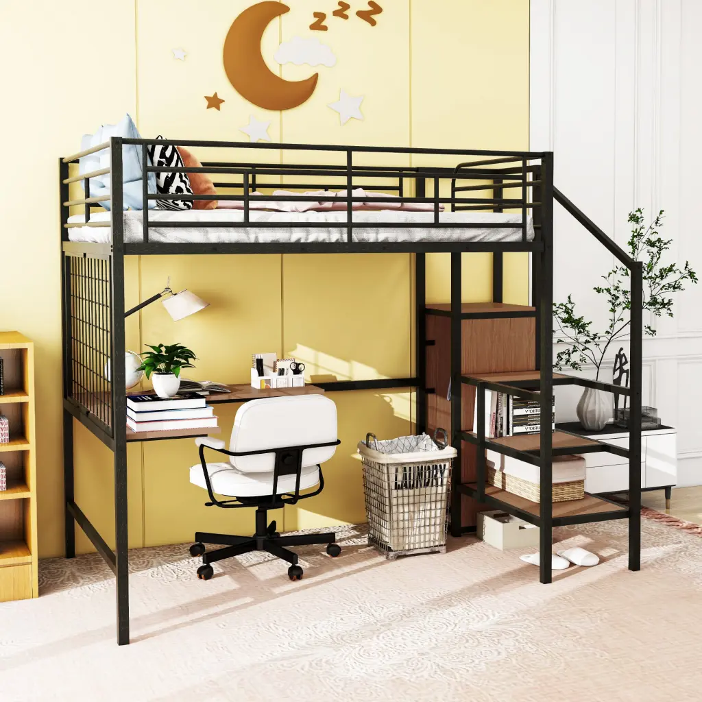 Full Size Metal Loft Bed Desk and Metal Grid, Chic Metal Frame lucky world