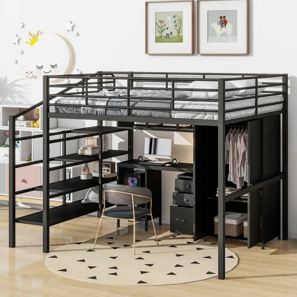 Metal Loft Bed Table Set and Wardrobe Full Size Black wm dreamland