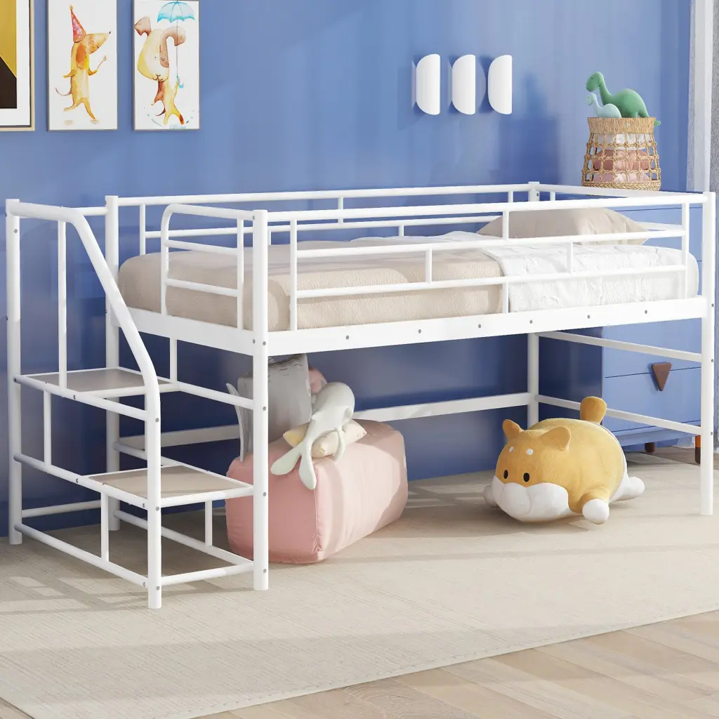 Mid Loft Bed Storage Stairs Twin White MDF Metal Frame wm dreamland