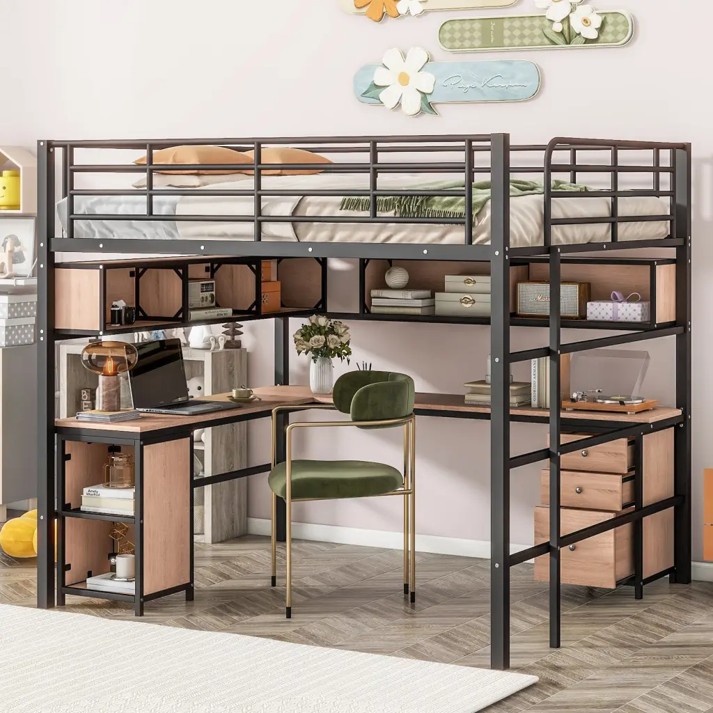 Metal Loft Bed Bookcase Desk and Cabinet Full Size Black Bed Frame wm store