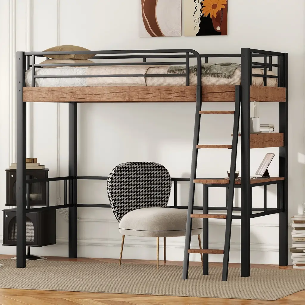 Metal Twin Size Loft Bed Built Desk Storage Shelf And Ladder wm store
