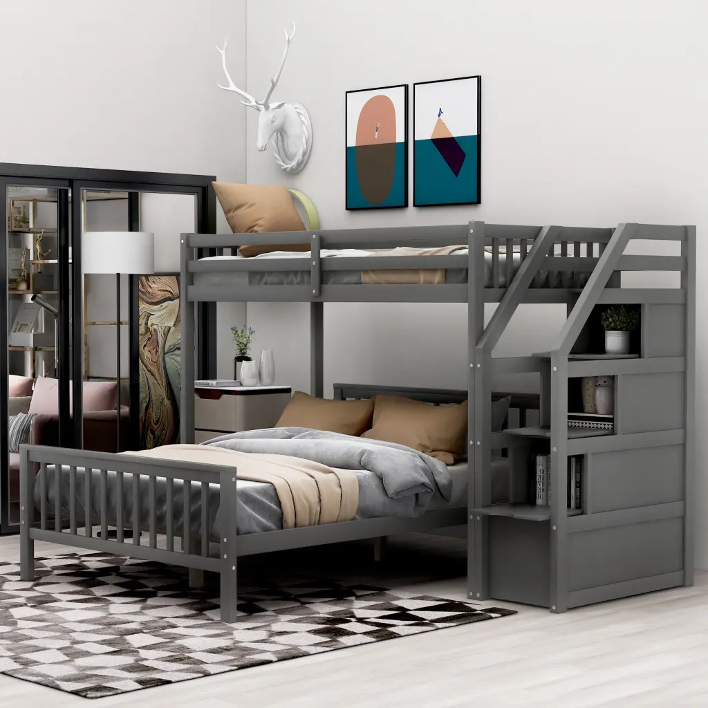 Twin Over Full Loft Bed Staircase - Space Saving Gray Wooden Bunk Bed wm store