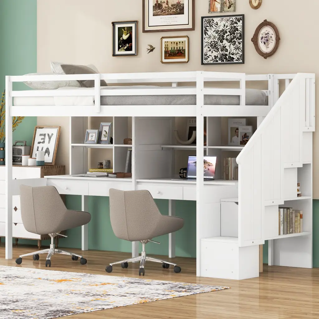 Twin Size Loft Bed Frame Storage Staircase and Double Desks wm store
