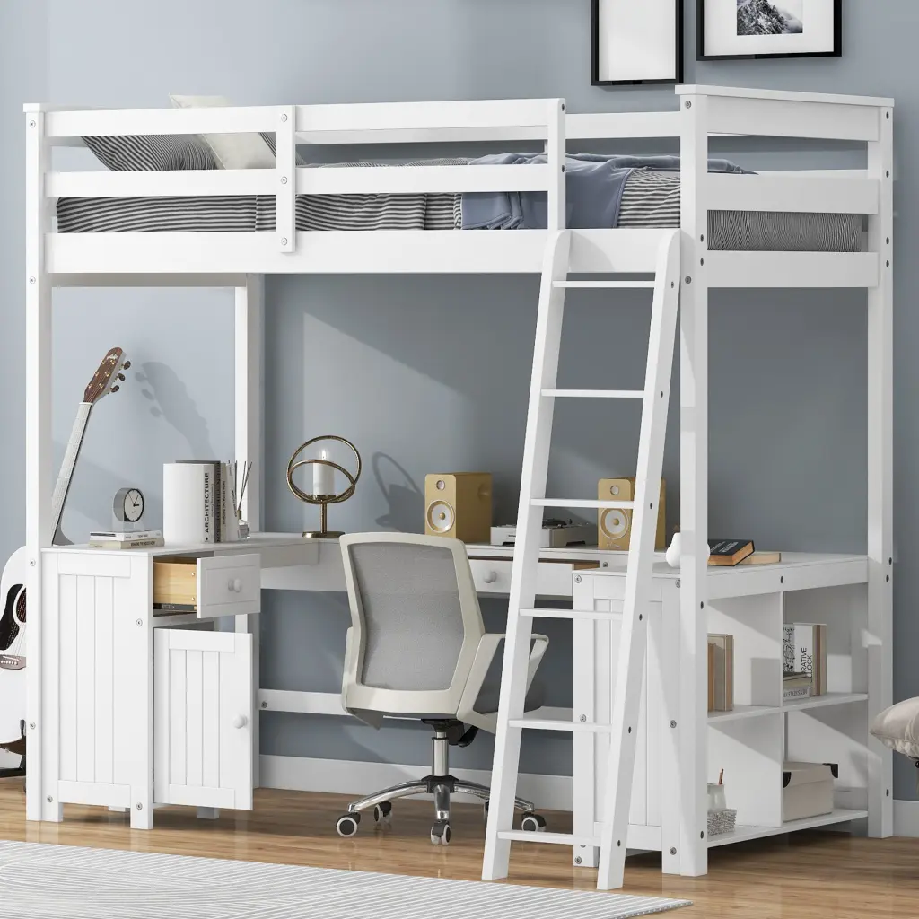 Twin Size Loft Bed U-Shaped Desk, Drawers, and Storage Shelves White wm store