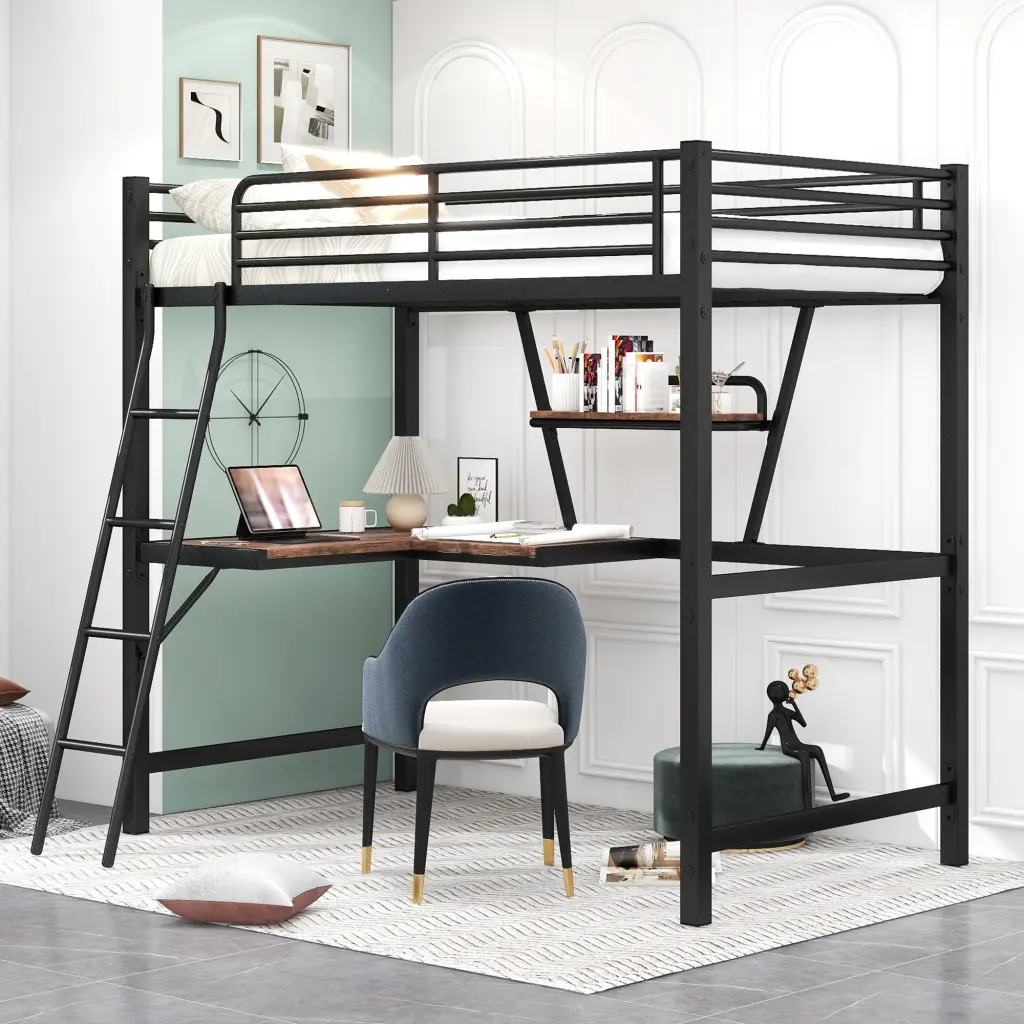 Twin Size Loft Metal and MDF Bed Desk and Shelf Black wm store
