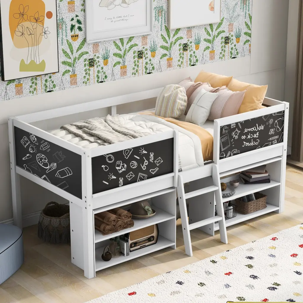 Twin Size Low Loft Bed Two Movable Shelves And Ladder Decor wm store