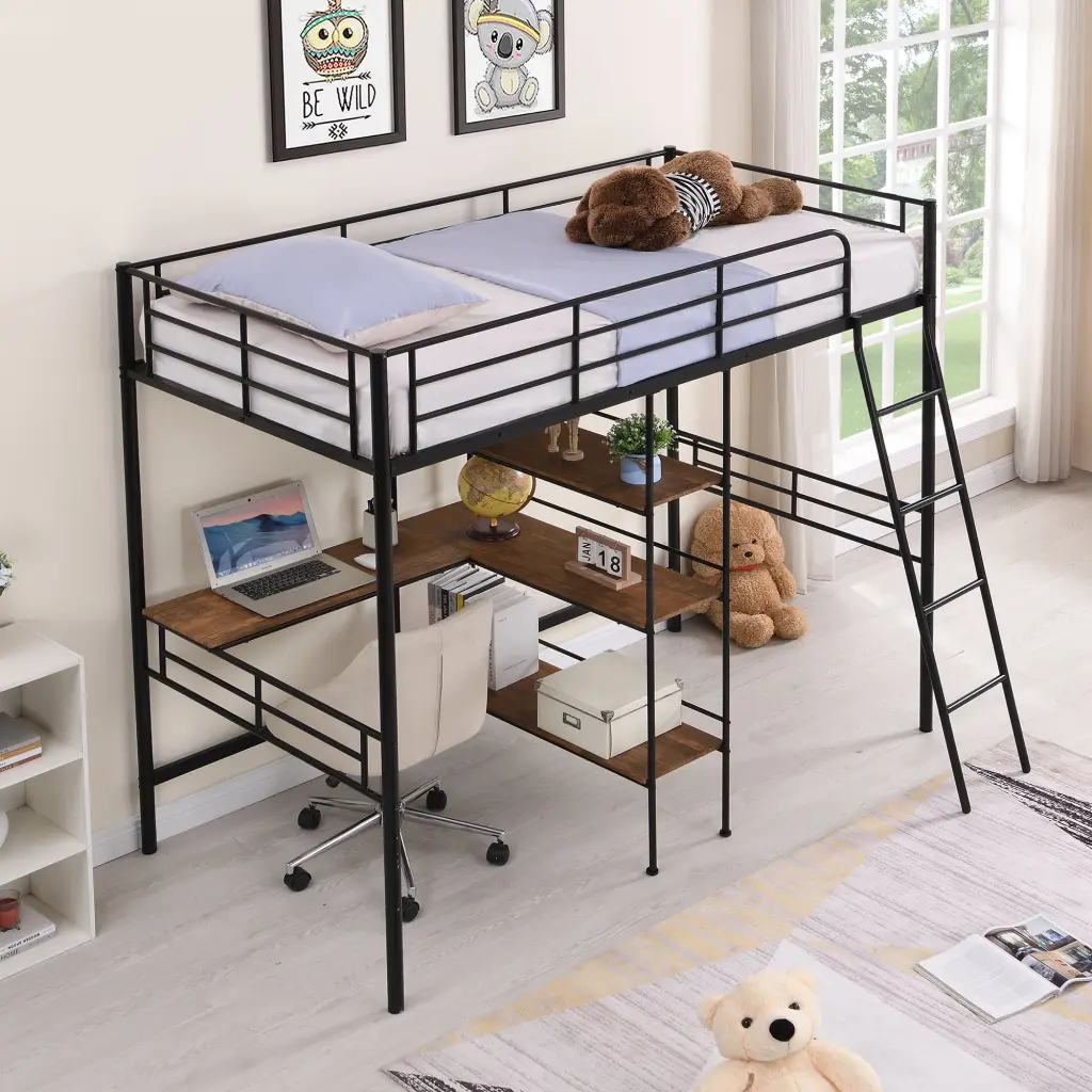 Twin Size Metal Loft Bed Constructed Desk And Shelves Black Space Saving Bed wm store