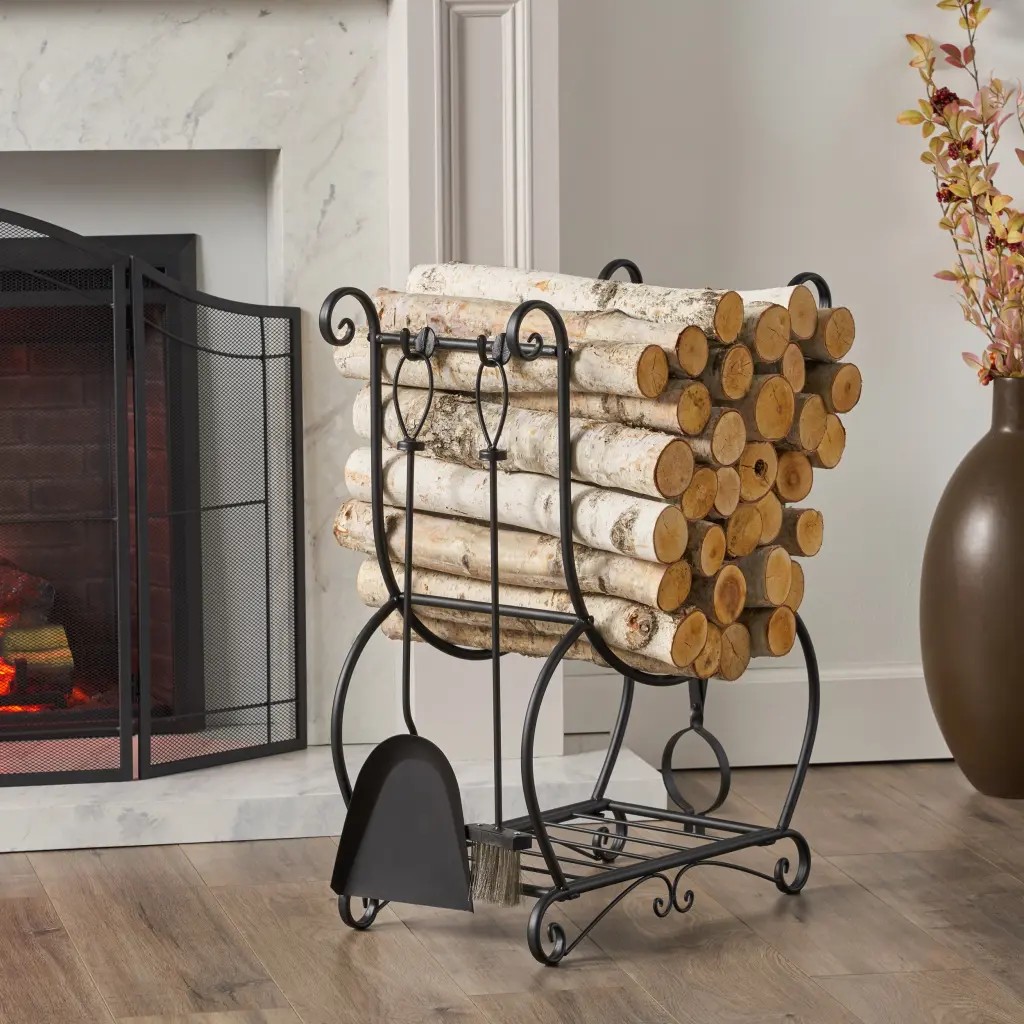 Log Rack And Tools Matt Black Iron nh-home living