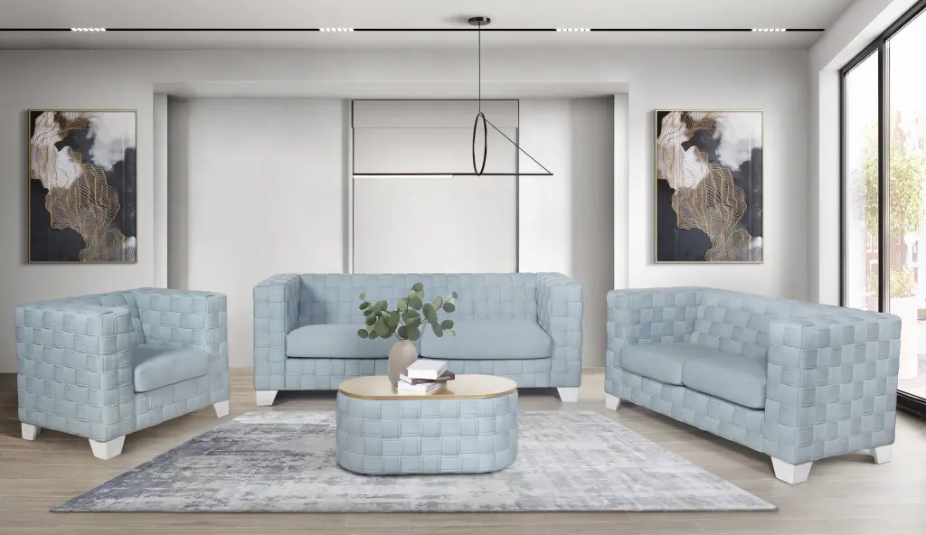 Saree Sofa Light Teal Chenille White Finish Modern Sofa acme onsite store