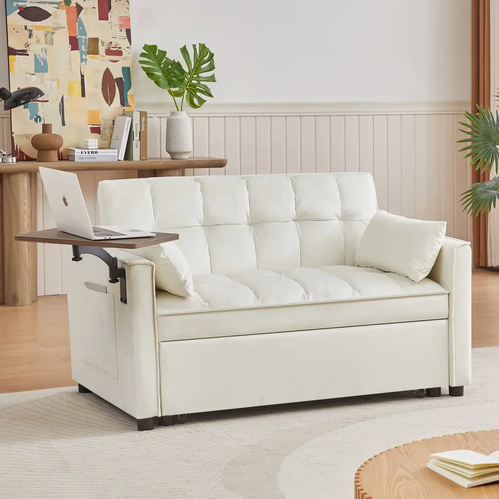 Cream White Velvet Loveseat Sofa Bed Tufted Back Square Arms cy furniture