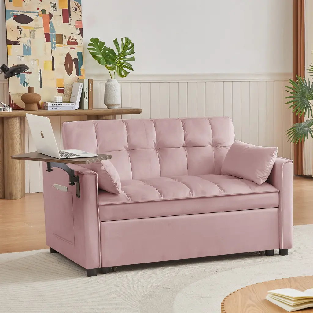 Pink Velvet Loveseat Sofa Bed Pink Wood Tufted Back Square Arms Foam Upholstery cy furniture