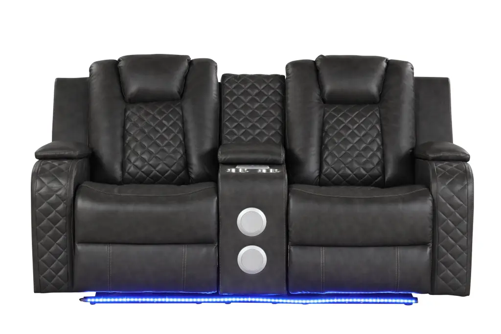 Gray Faux Leather Power Reclining Loveseat LED Benz galaxy home furnishings