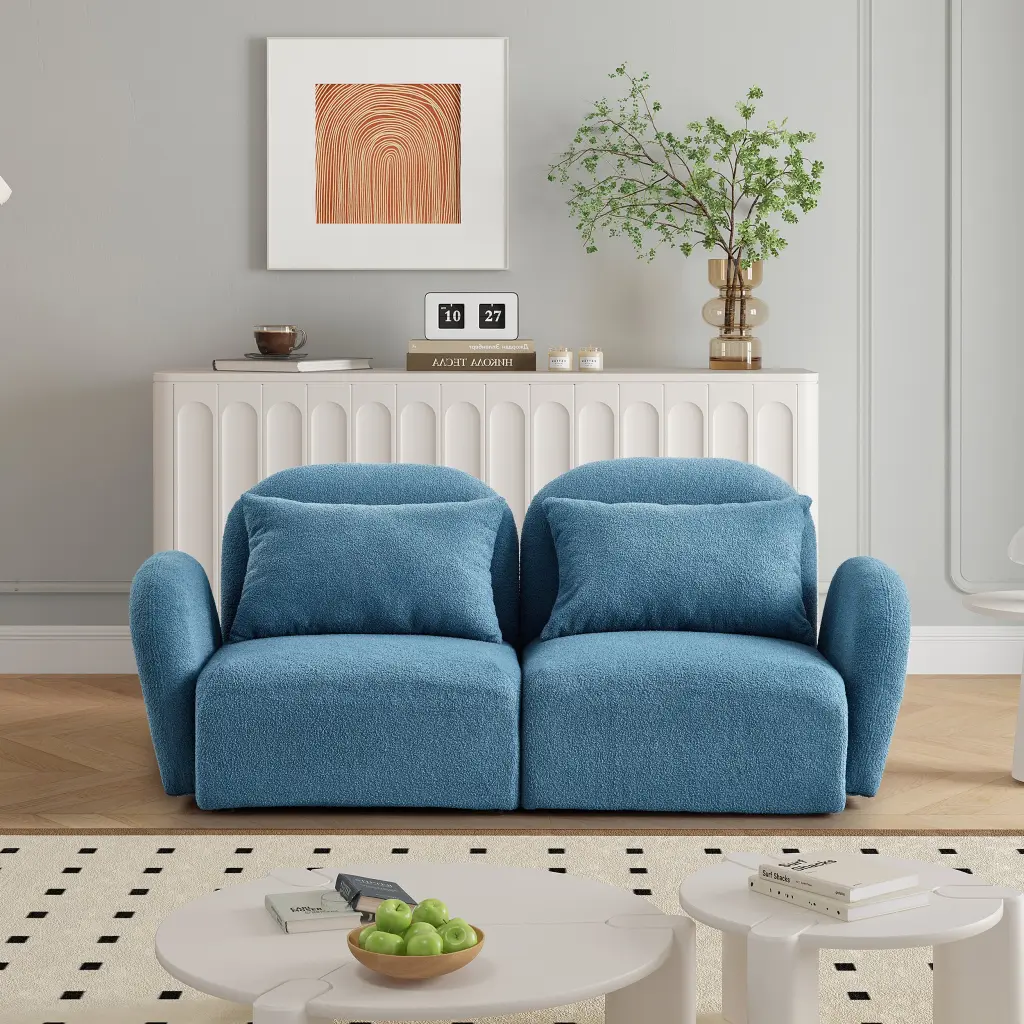 Living Room Lazy Sofa Loveseat Teddy Fabric Blue Foam Upholstered Seating hdf store
