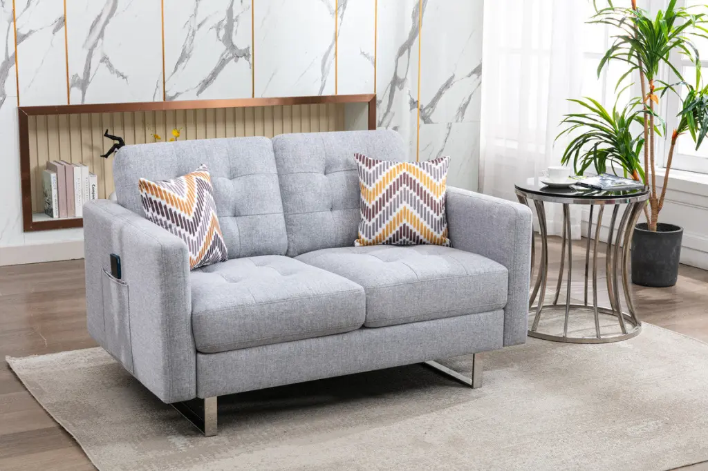 Victoria 53.5 Inch Light Gray Linen Fabric Loveseat Metal Legs Living Room lilola home