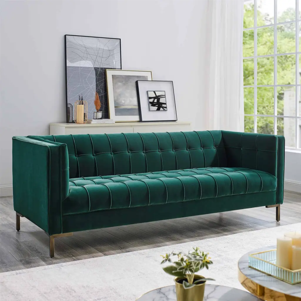 Isaac Channel Stitch Velvet Sofa Green 2 Seat Modern Living Room Sofa steve silver furniture