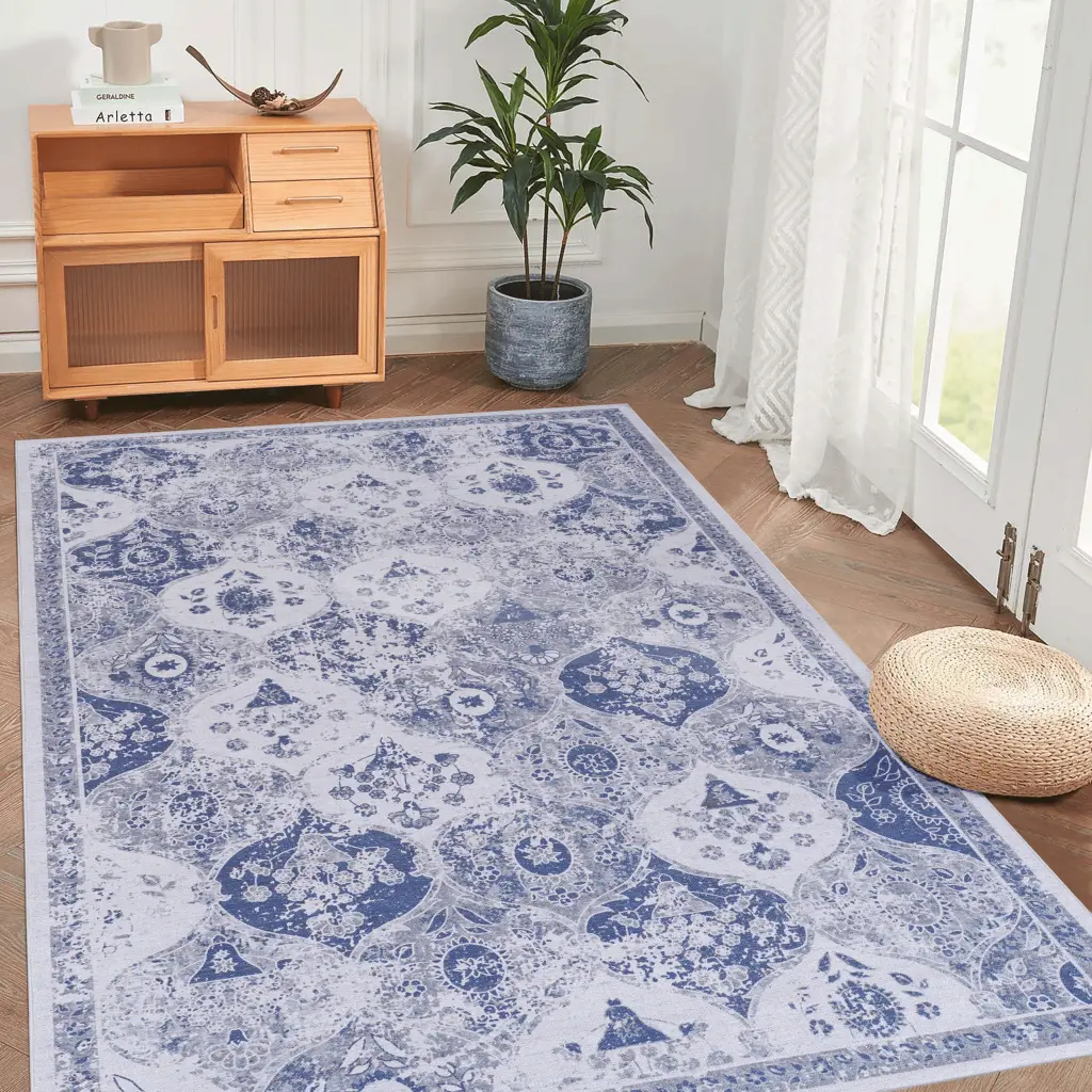 6x9 Blue Washable Area Rug, Low Pile Non Slip Non Shedding Floor Rug naar rug