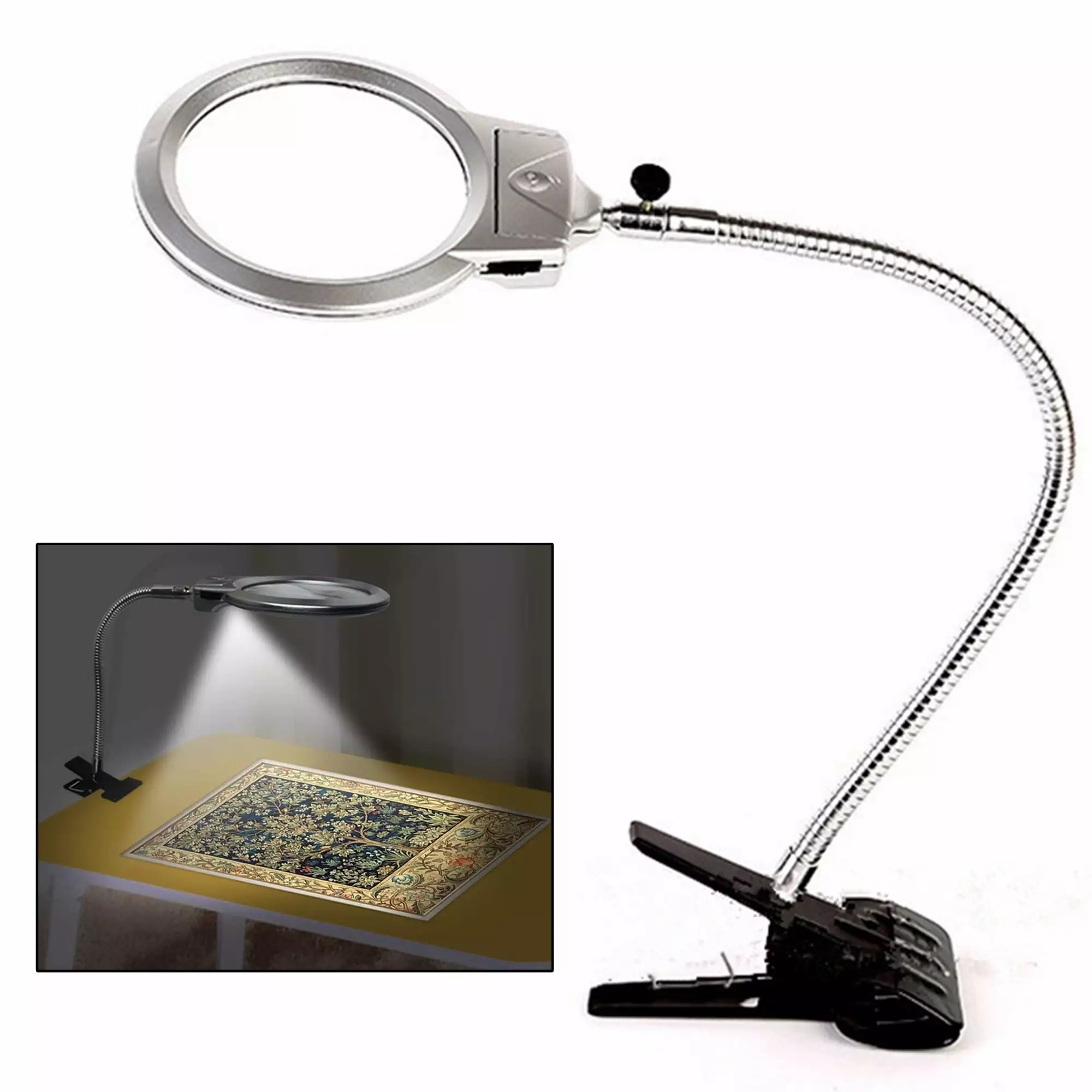 LELINTA Magnifying Glass LED Lamp Stand Clamp 2.25x 5x Magnification Adjustable Gooseneck Reading Crafts Jewelry