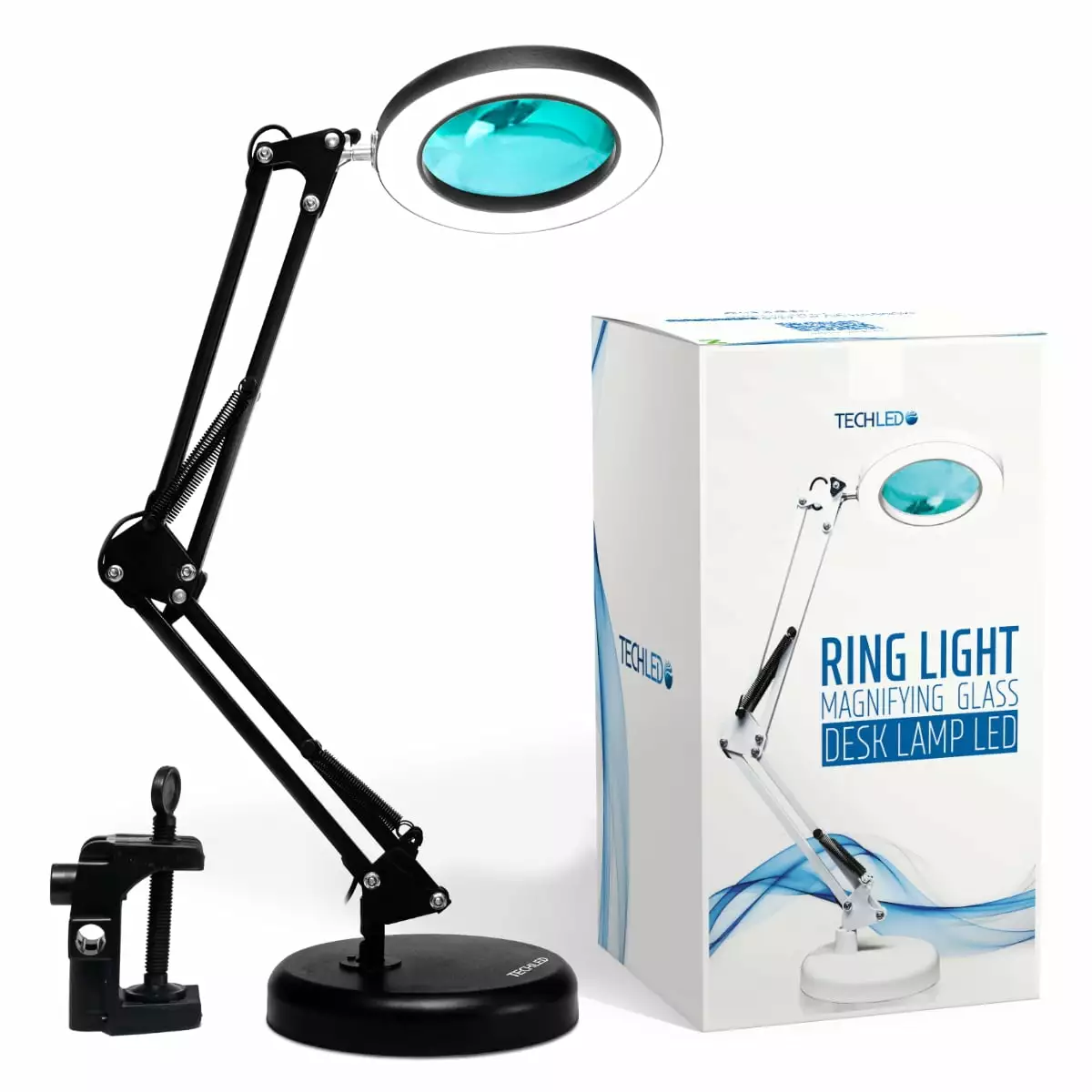 TECHLED Magnifying Glass Light and Stand Desk Ring Light 3 Color Modes Stepless Dimmable Clamp Light Crafts