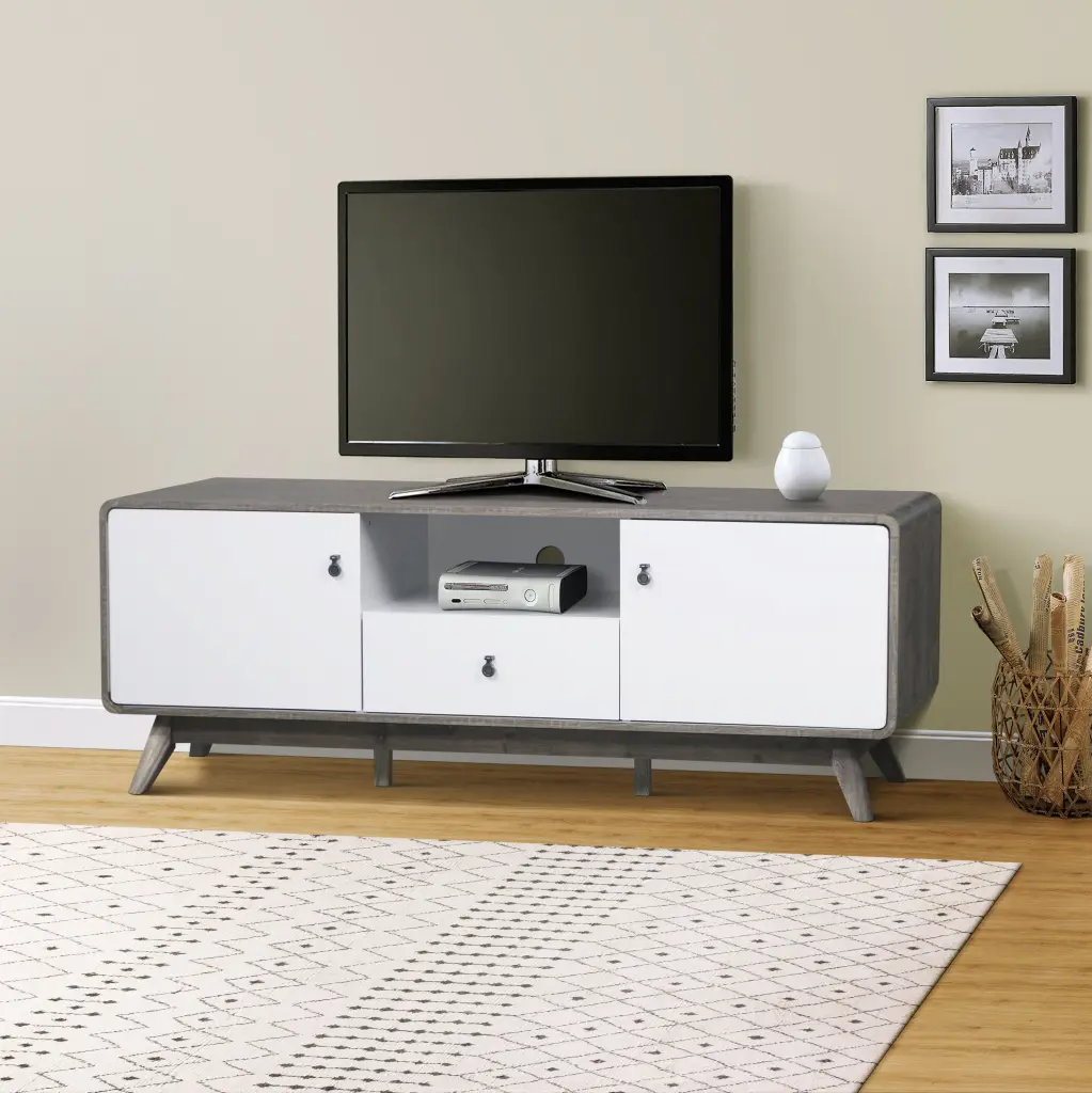 TV Stand Contemporary Two Tone Gray Oak And White Media Console Spacious Storage singularity