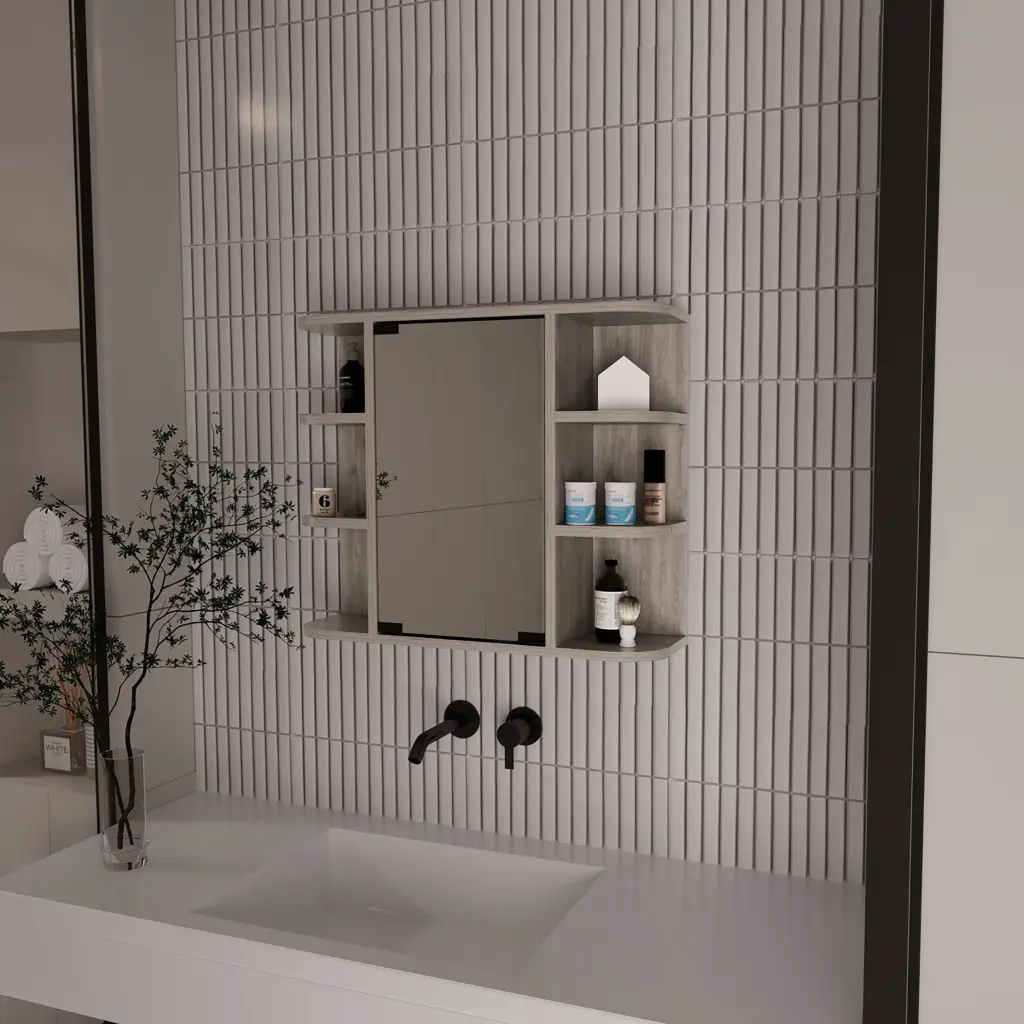 Roseburg 6 Shelf Medicine Cabinet Mirror Light Grey Bathroom Storage furniture max