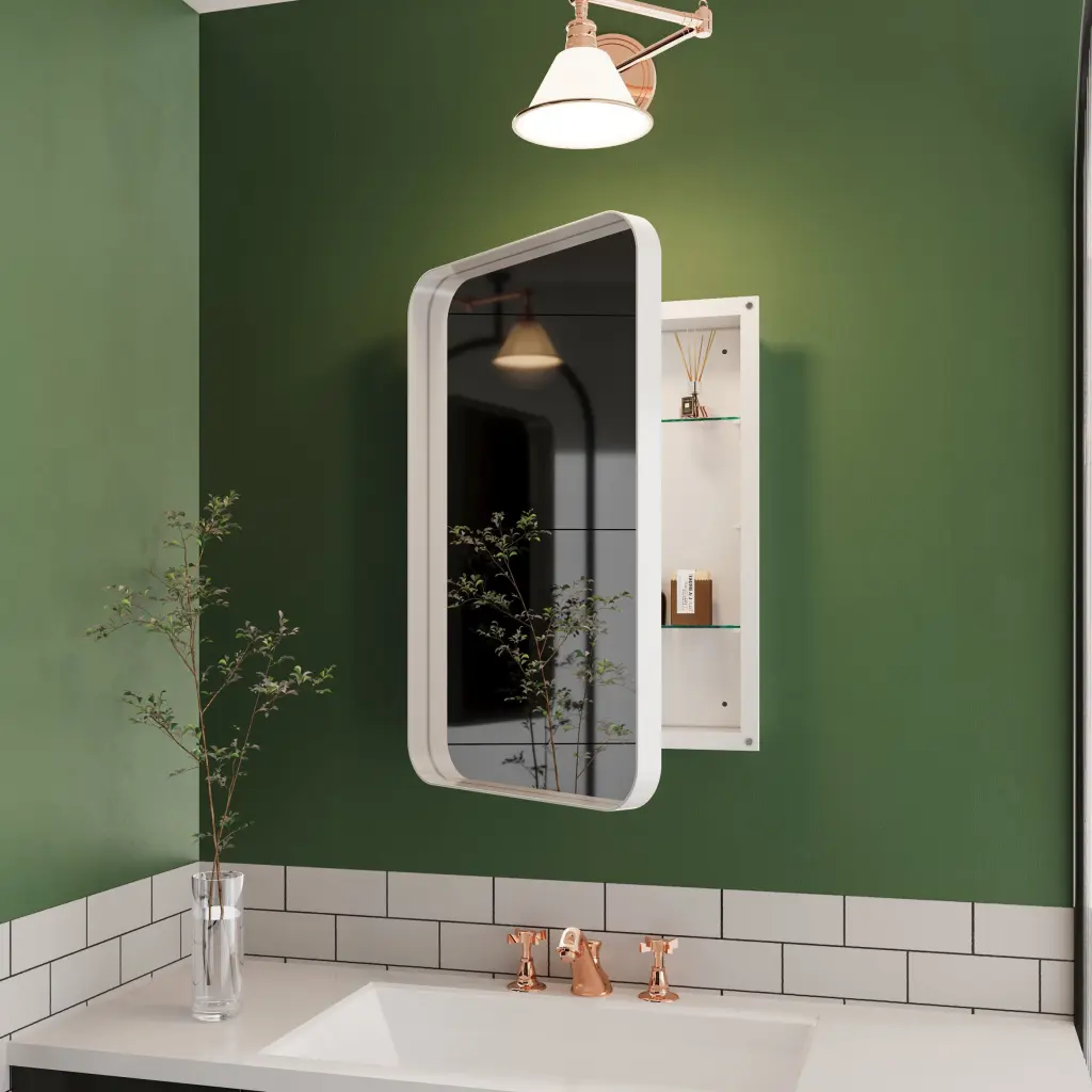16X24 Inch Recessed White Metal Framed Medicine Cabinet Mirror Bathroom Storage fs furniture