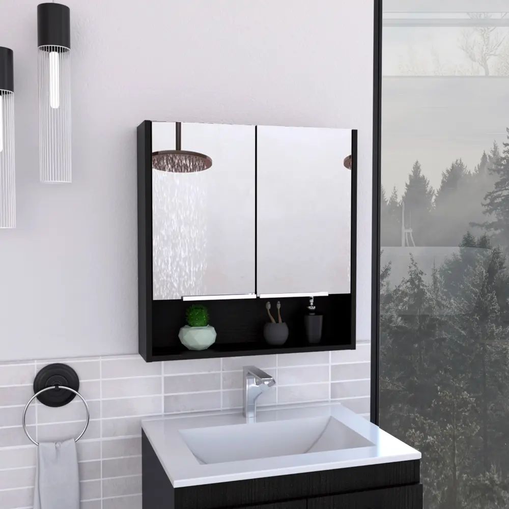 Mirror Medicine Cabinet Black Finish One Open Shelf Three Interior Shelves Bathroom Storage rta mubles colombia