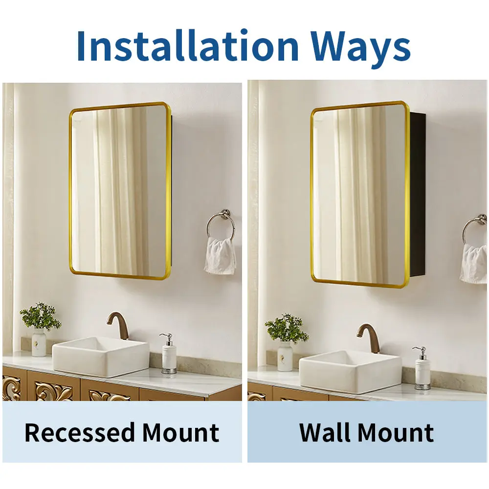 24x30 Inch Gold Metal Framed Wall Mount Recessed Bathroom Medicine Cabinet Mirror w1355