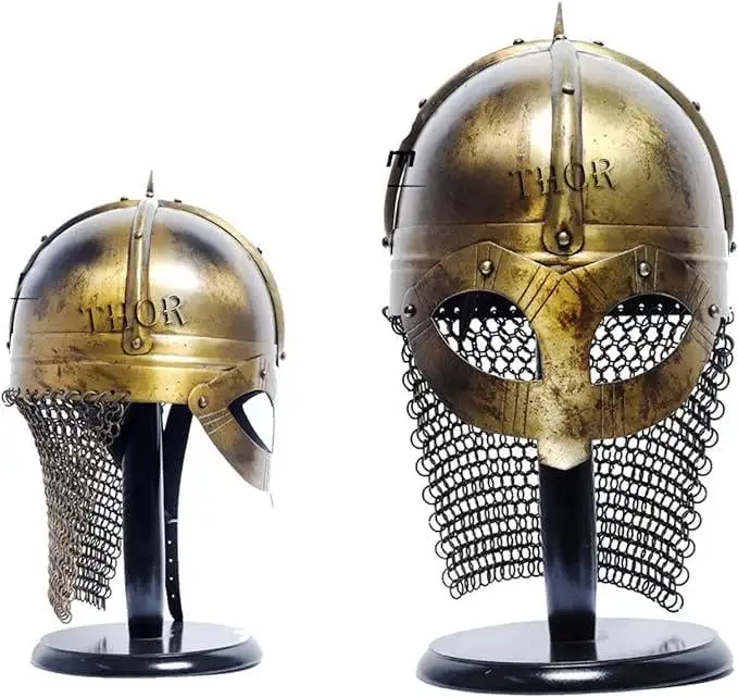 THOR INSTRUMENTS Medieval Viking Armor Warrior Chain Mail Mask Helmet Wooden Stand Rustic Vintage Home Decor Gifts