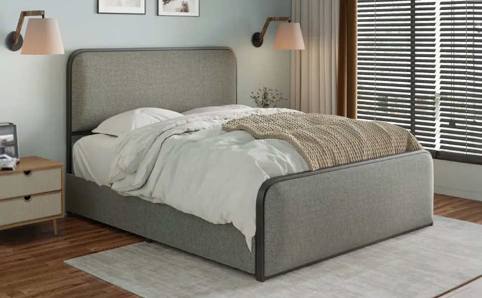 Modern Metal Bed Frame Curved Upholstered Headboard And Footboard Queen Size bed best