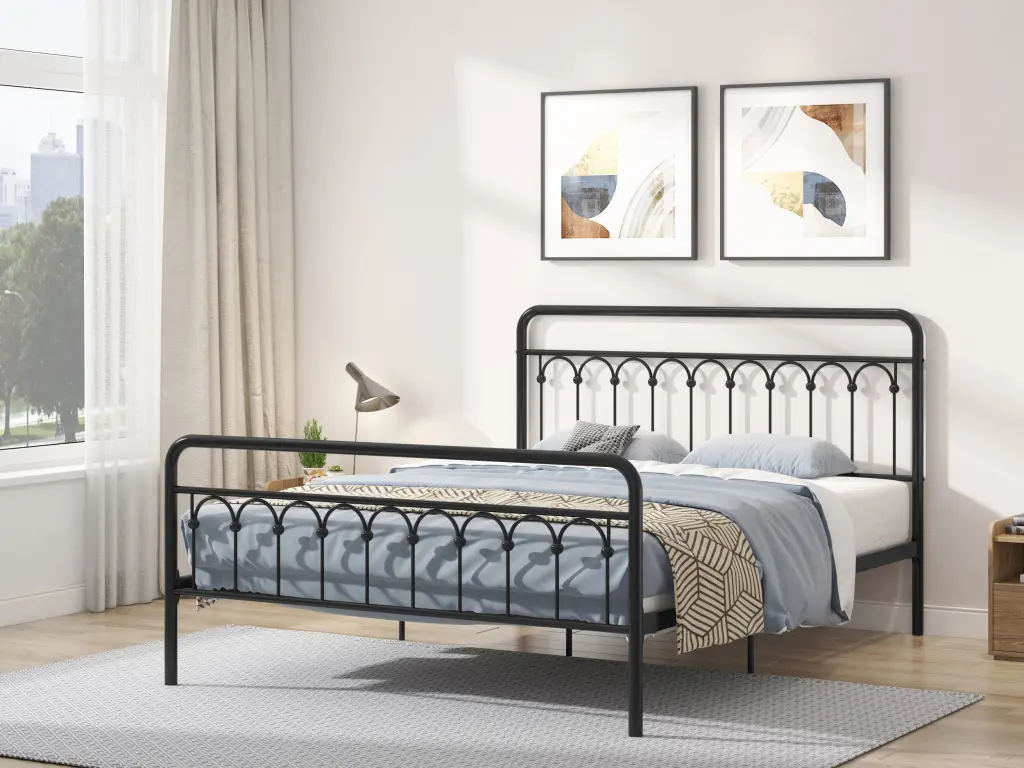Tara Metal Bed Queen, Black Box Spring Not Required Queen Black Metal Frame house - home furniture