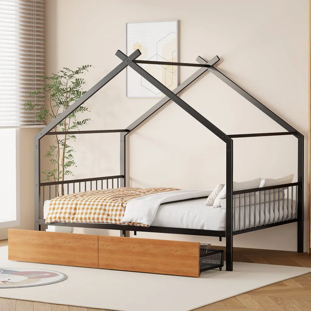 Full Size Metal Houtilize Bed Two Drawers Black Full Metal Frame lucky world