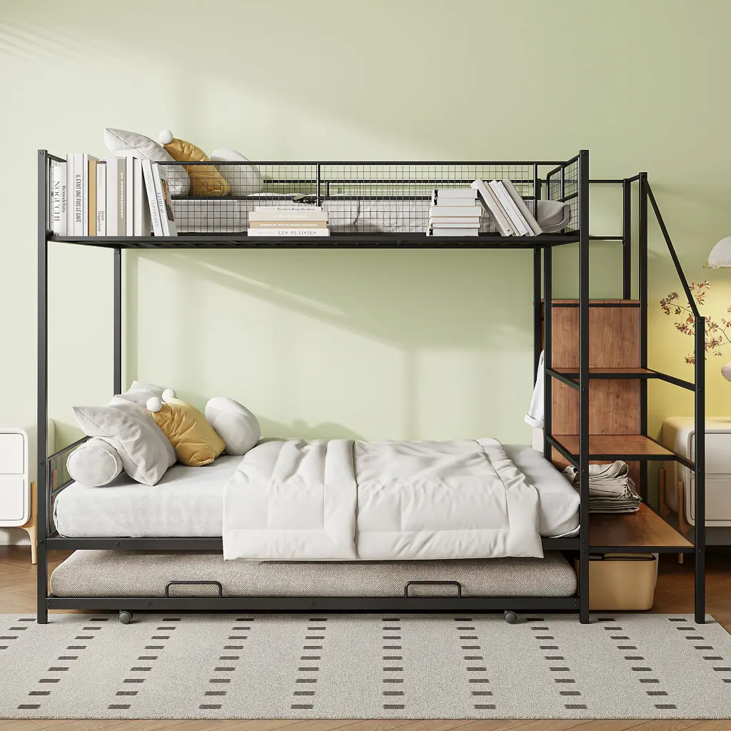 Twin Over Full Metal Bunk Bed Trundle And Lateral Storage Ladder lucky world