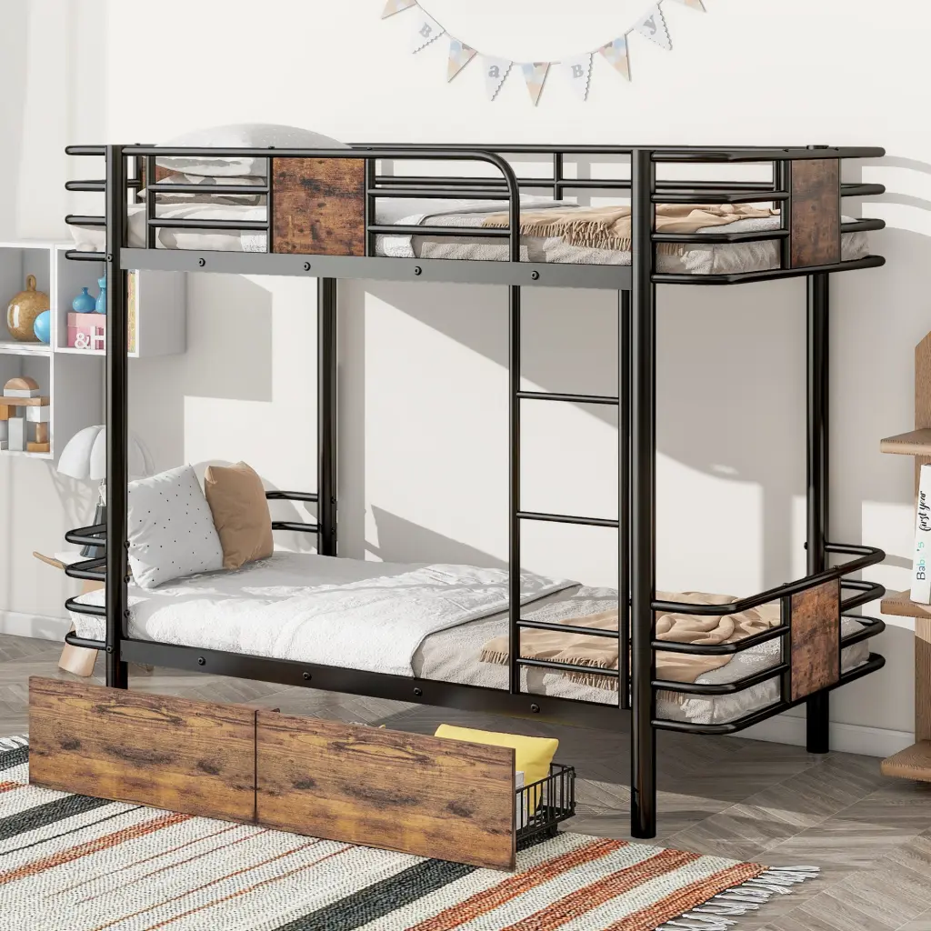 Twin XL Over Twin XL Metal Bunk Bed MDF Board Guardrail and Two Stairs wm store