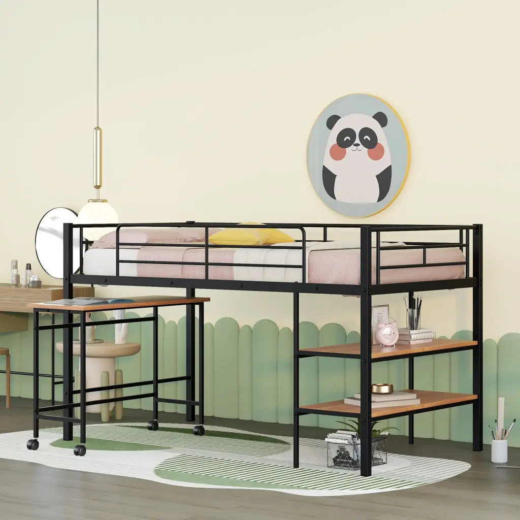 Twin Size Metal Loft Bed Desk and Shelves Black Space Saving Bed Frame lucky furniture