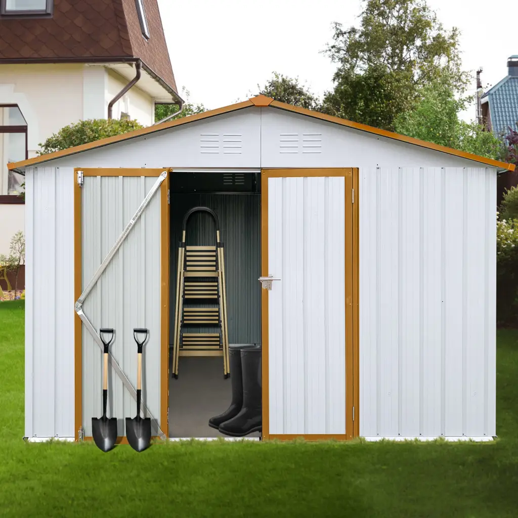 10ft x 12ft Metal Garden Shed - Outdoor Storage Shed White and Yellow storage sheds