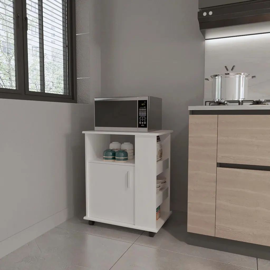 Correy 4 Shelf Microwave Cabinet Casters White Kitchen Storage furniture max