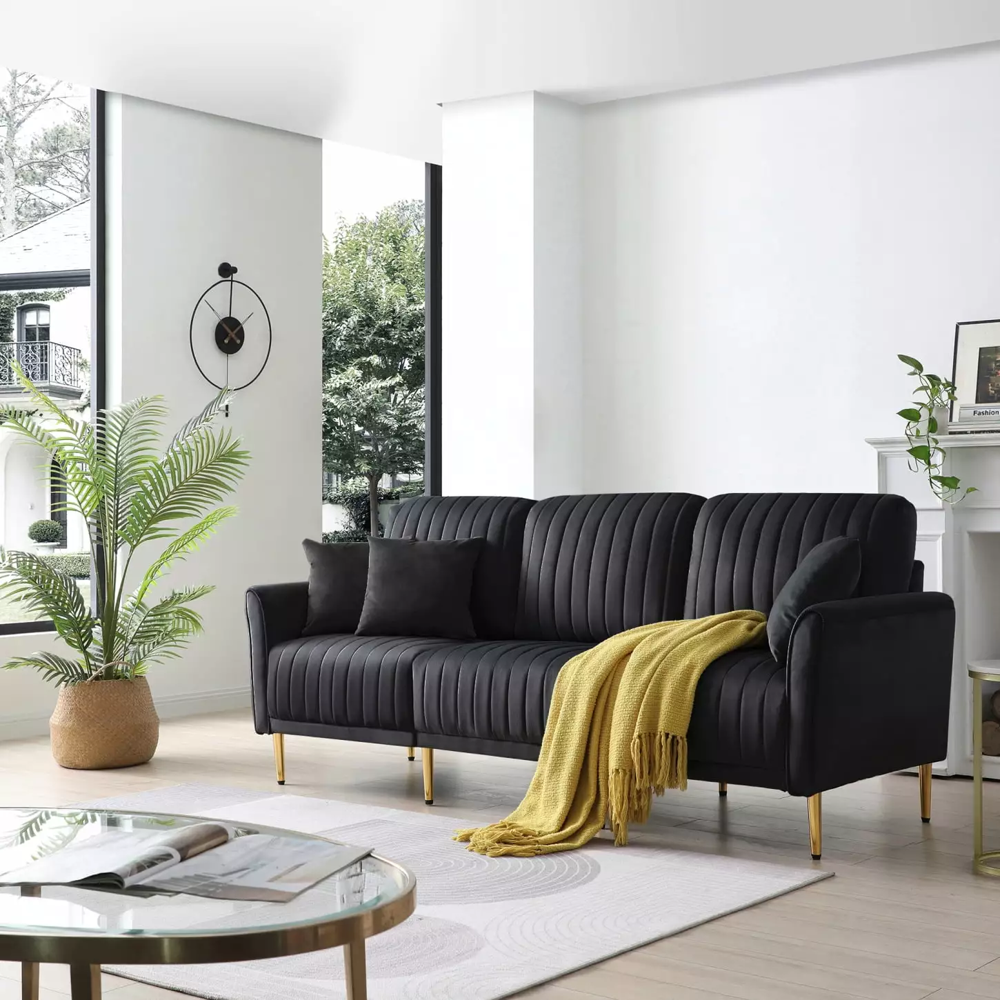 Mid-Century Black 3-Seat Tufted Sofa 3 Pillows Modern Classic Style HATNOKIL