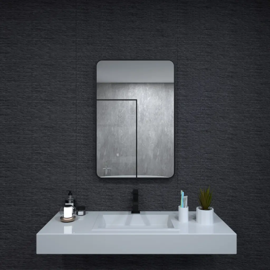 24X36 Aluminum Framed Rounded Rectangle Bathroom Wall Mirror Matte Black foca us