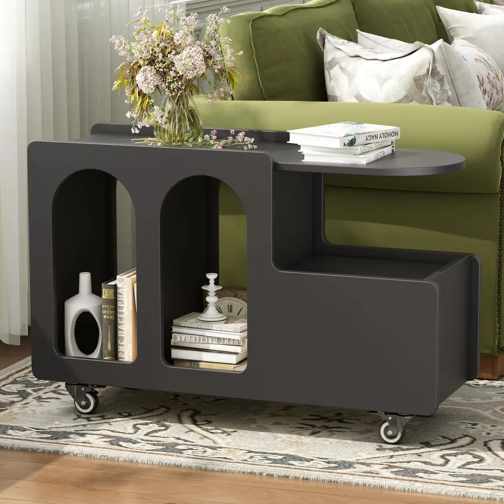 Mobile End Table Lockable Wheels Cream Style Side Table Storage on-trend