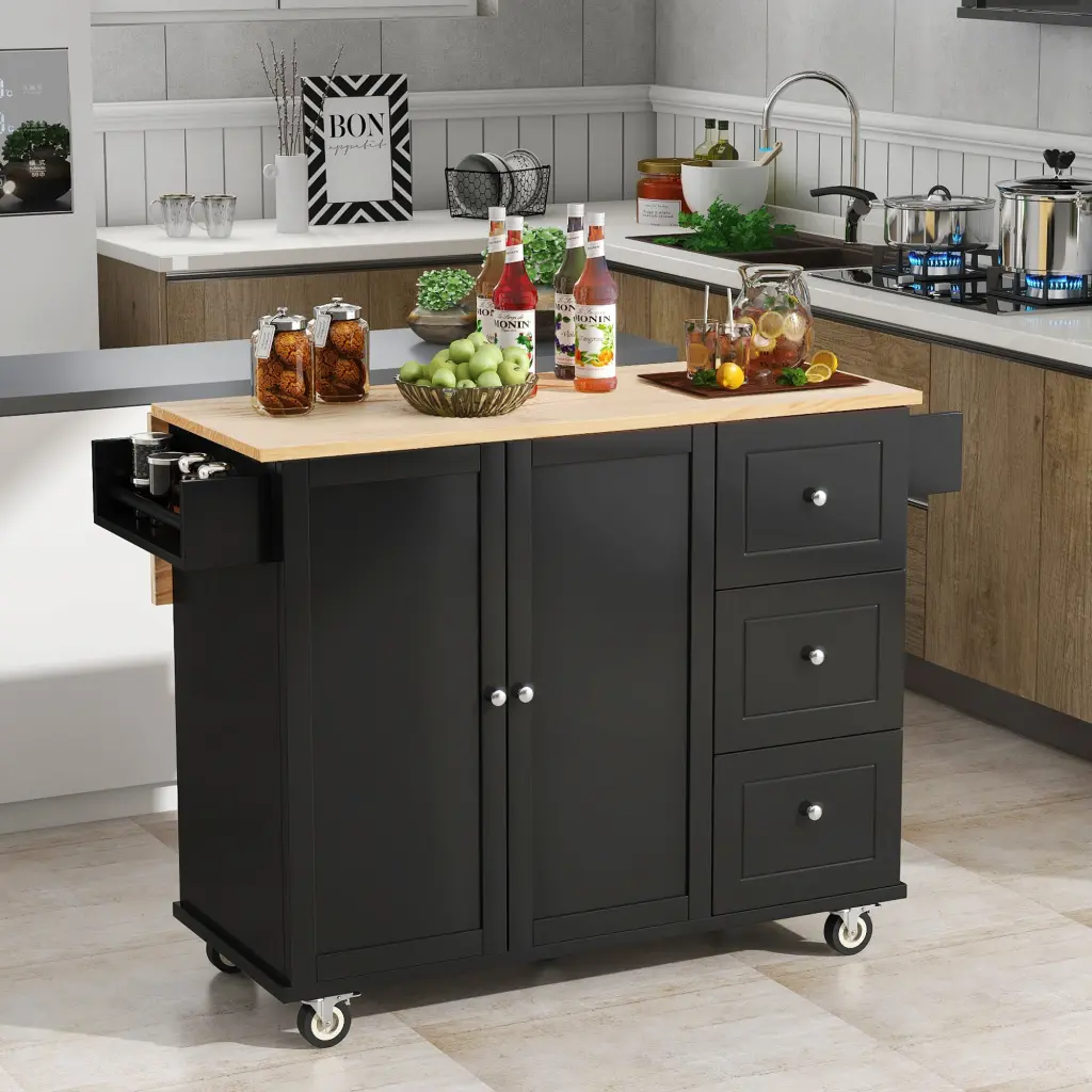 Rolling Mobile Kitchen Island Solid Wood Top And Locking Wheels 5 Storage Shelves k-k store