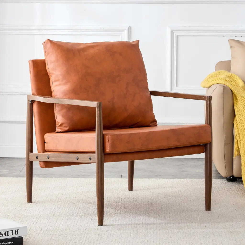 Mid Century Modern PU Leather Accent Armchair Upholstered Seat and Wooden Legs droom w-1151