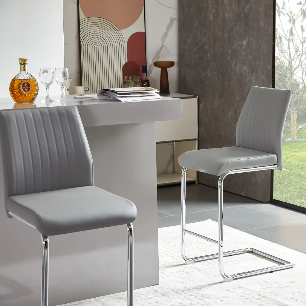 Light Grey Modern Effortless Bar Chair PU Leather Chrome Metal Pipe Restaurant Or Home jws-w241