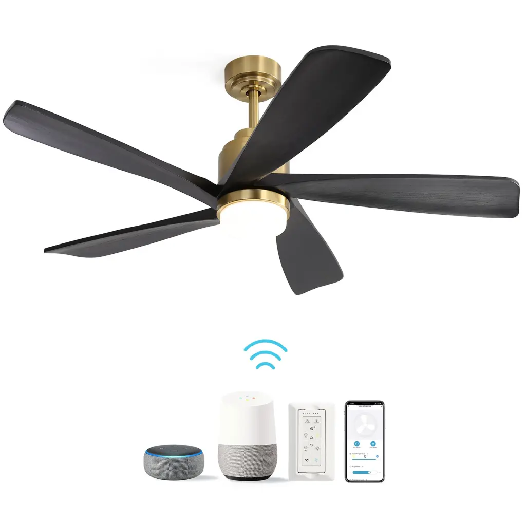 52 Inch Modern Ceiling Fan Dimmable LED Light 5 Solid Wood Blades Remote Control