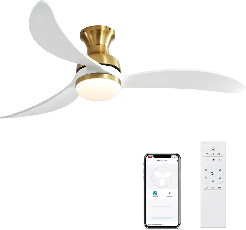 52 Inch Modern Ceiling Fan 3 Color Dimmable Solid Wood Blades Remote Control ceiling fan with light