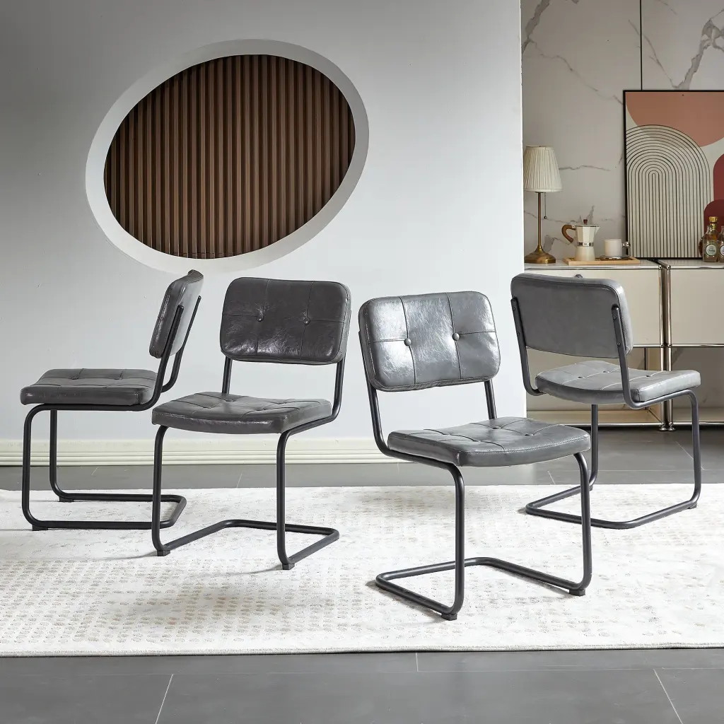 Light Grey Modern Effortless Style Dining Chair PU Leather Black Metal Pipe Legs Set 2 rnb