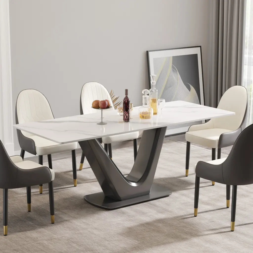 78.74 Inch Modern Artificial Stone White Panel Gray V Influenced Metal Legs Coffee Table atunus