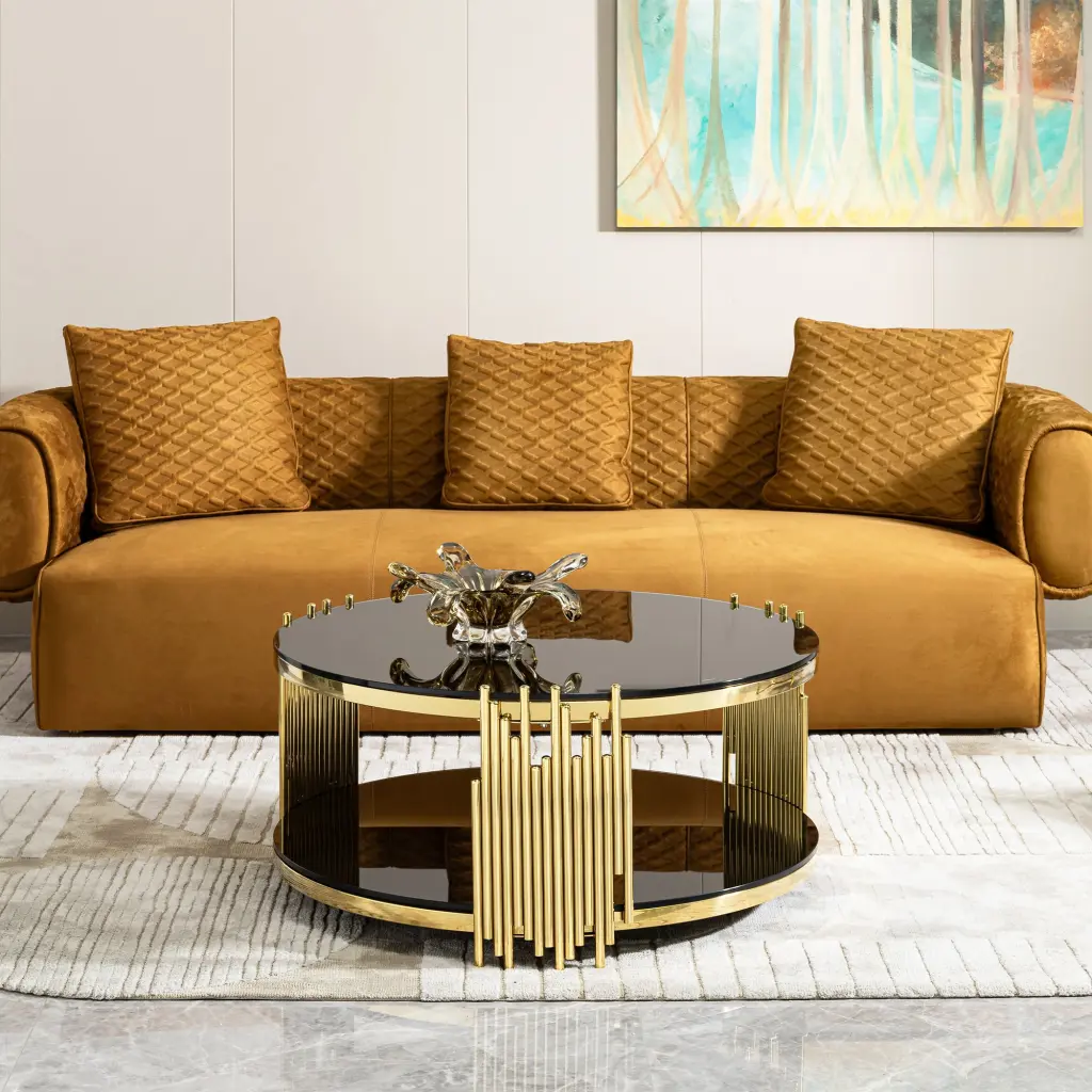 Double Layer Black Tempered Glass Top Stainless Steel Round Coffee Table Modern Design foshan dahui furniture co.-ltd.