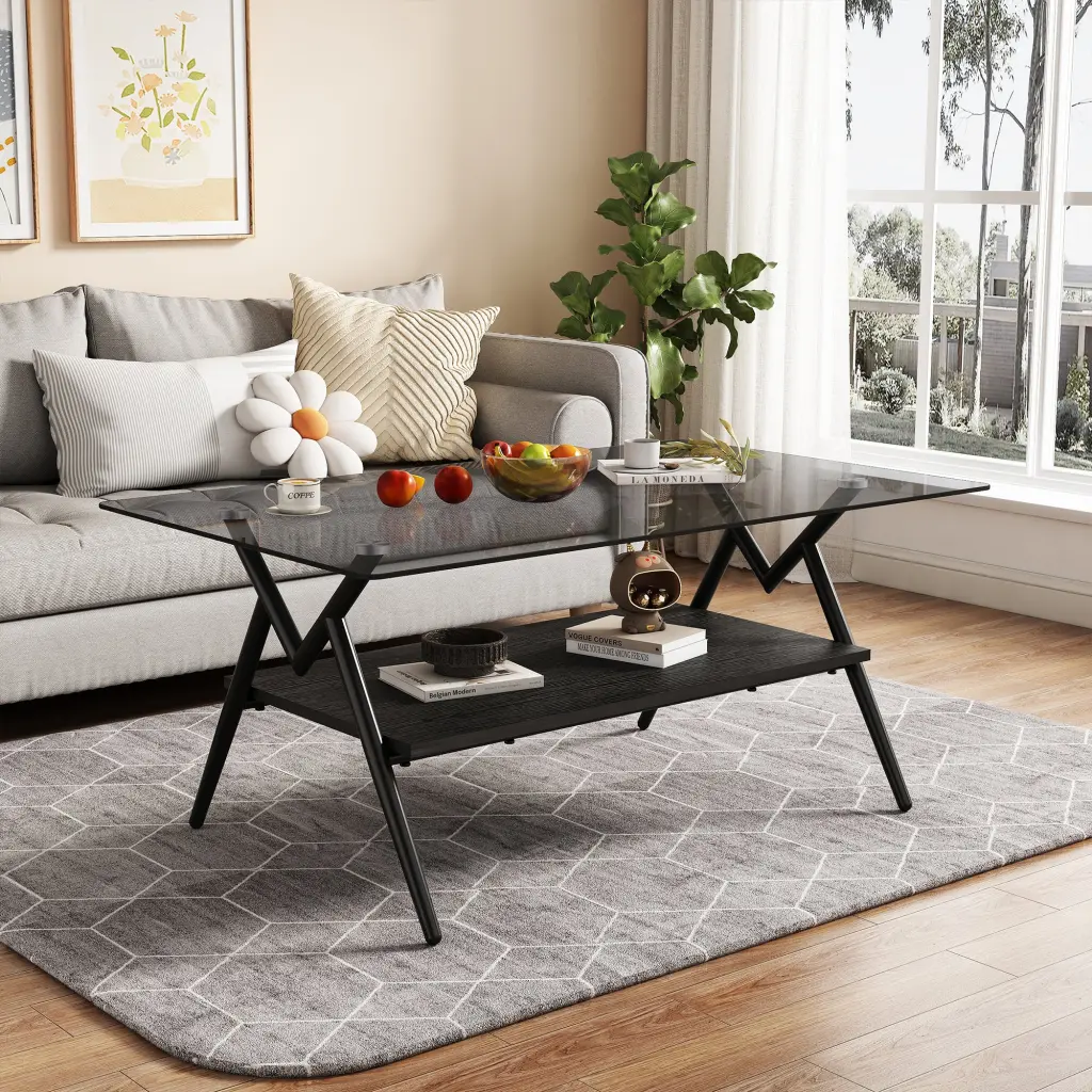 Rectangle Coffee Table Tempered Glass Top and Black MDF Shelf jws-w241